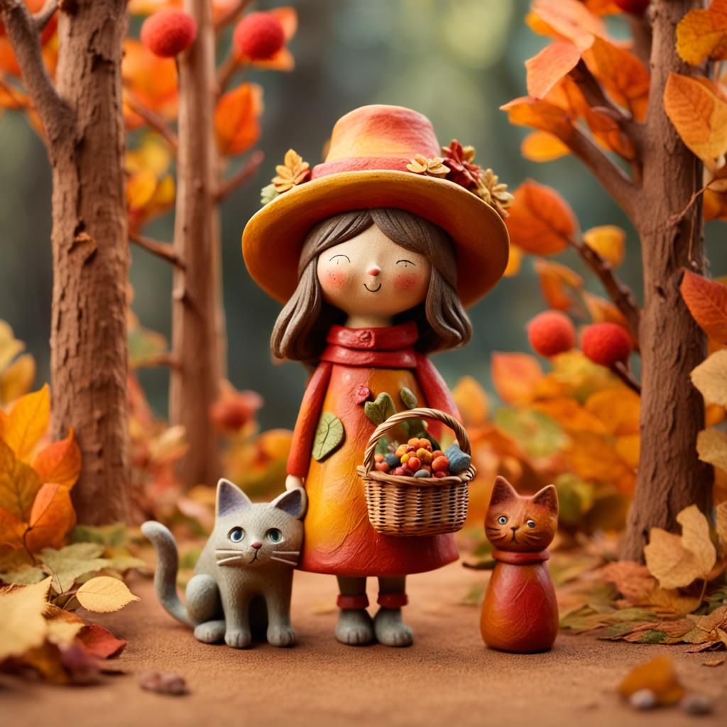 Whimsical Clay Girl and Cat in Autumnal Folk Art