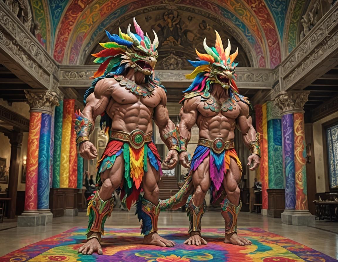 Quetzalcoatl in Rainbow Damask Fabrics