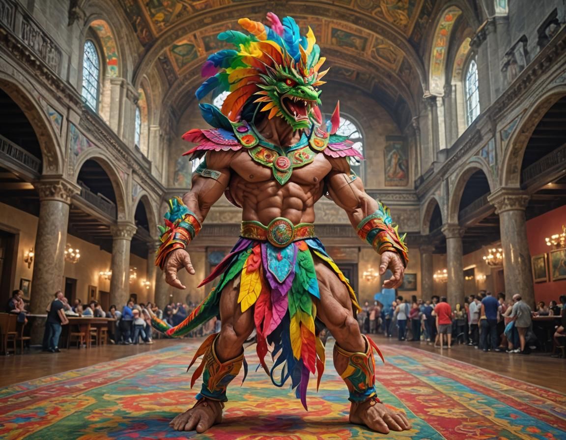 The Rainbow God: A Majestic Figure in Vibrant Damask