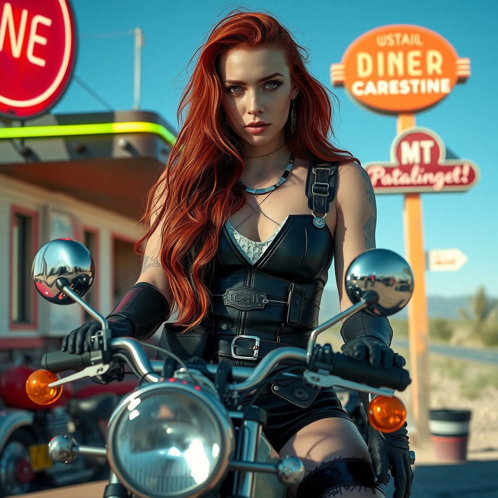 Redhead Woman on Motorbike in Cyberpunk Wasteland