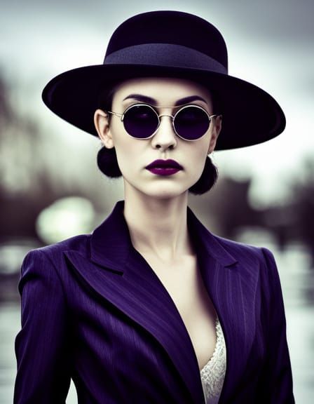 Gothic American Woman in Elegant Attire, Purple Sunglasses,...