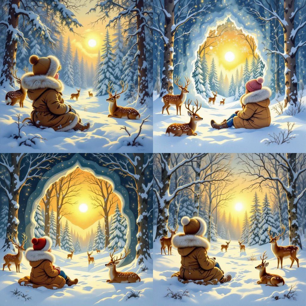 Child in Magical Snow Scene with Glowing Forest
