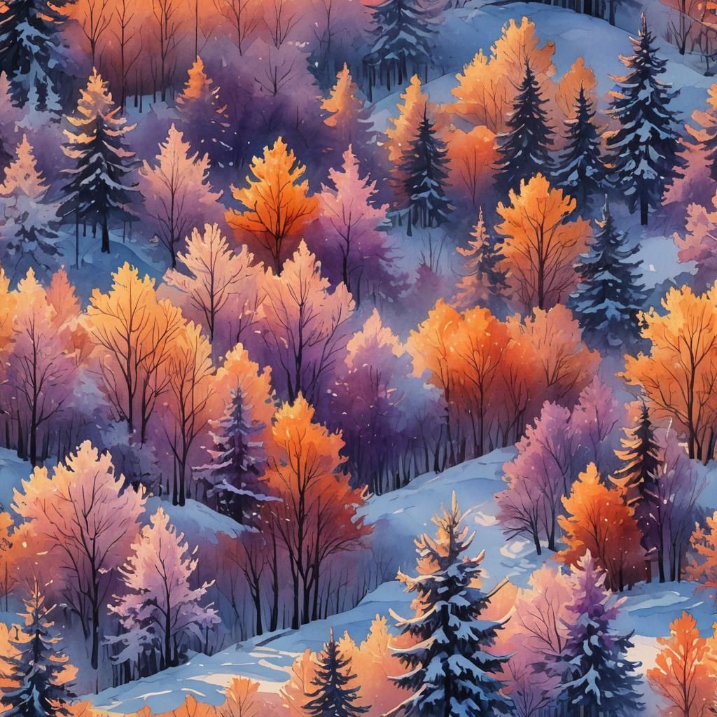 Ethereal Winterscape Sunset in Digital Watercolor Style