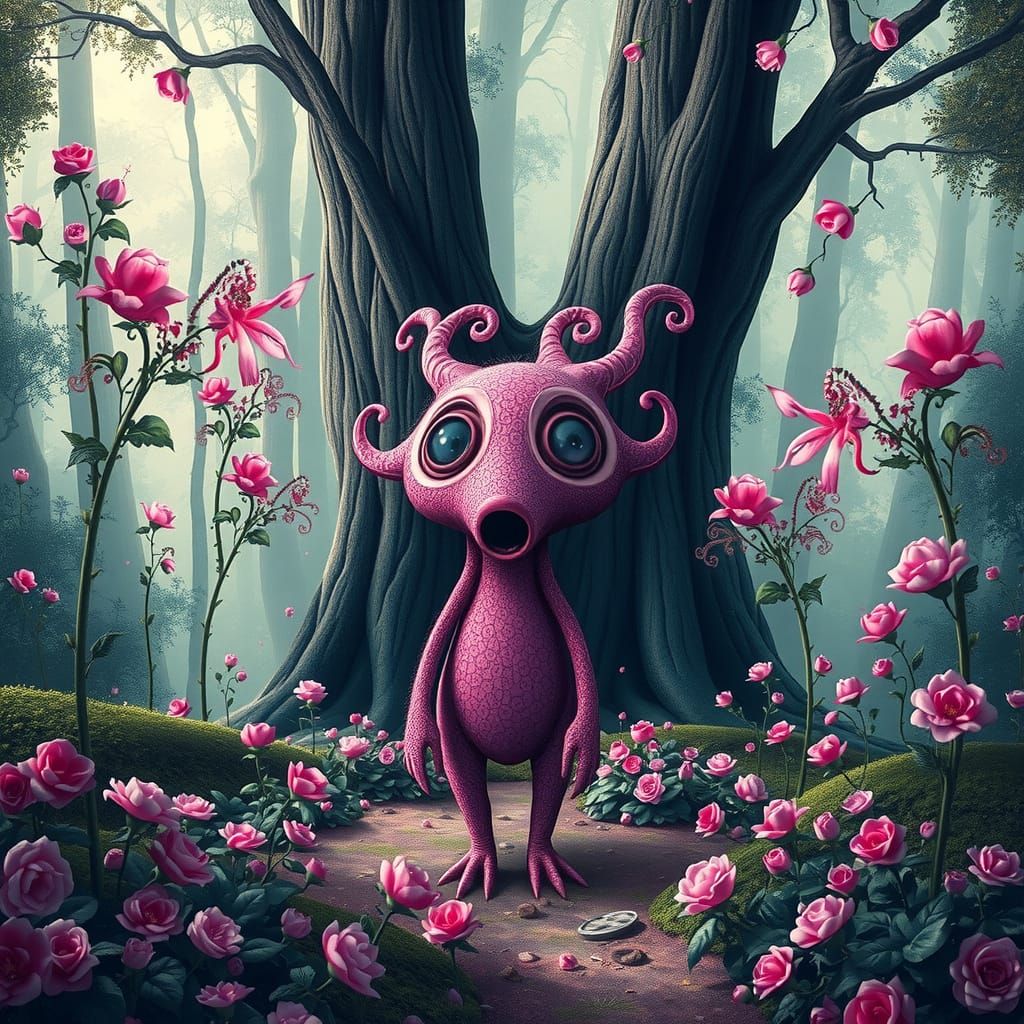 Surreal Fuchsia Berry Monster Emerges in Lush Forest Scene
