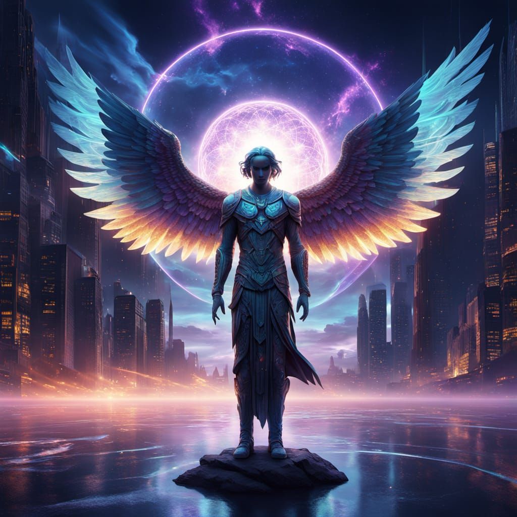 Celestial Guardian Angel Illuminates Futuristic City in Cybe...