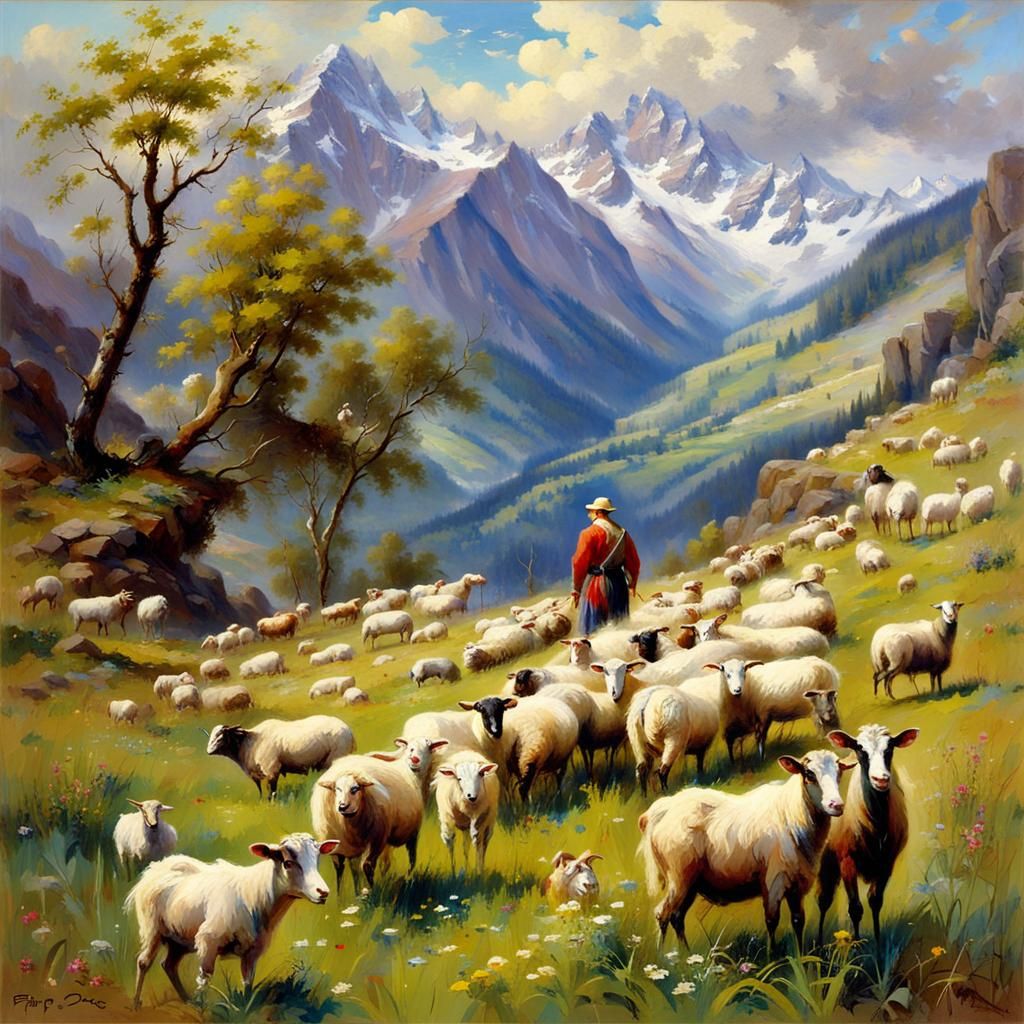 Shepherd Tending Flock in Alpine Landscape