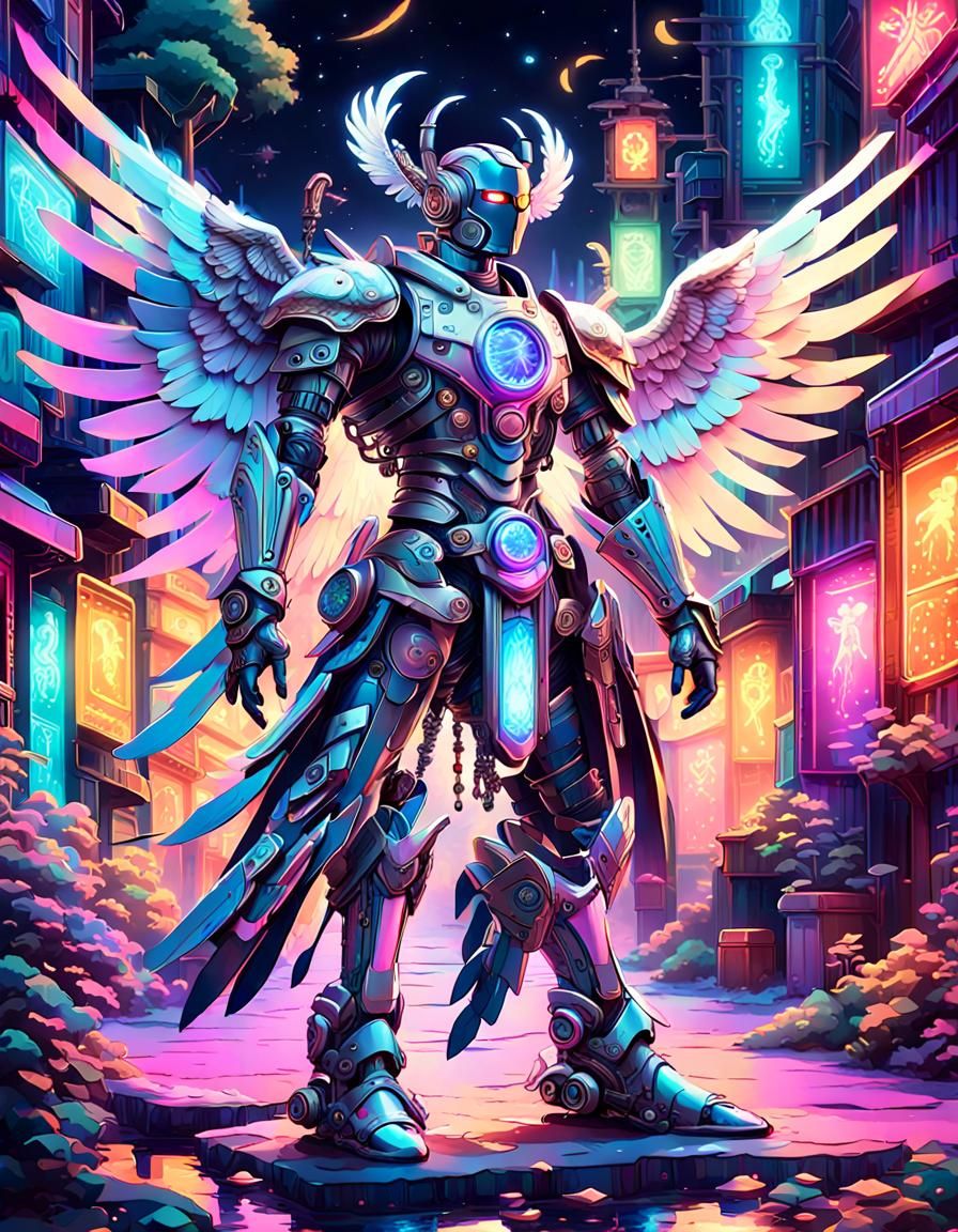 Cyborg Angel in Whimsical Neon Village