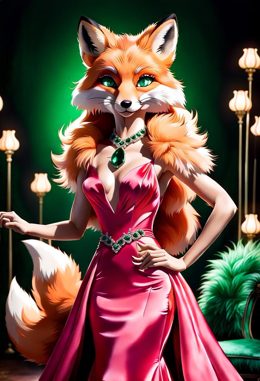 Glamorous Anthropic Fox in Prom Pink Gown