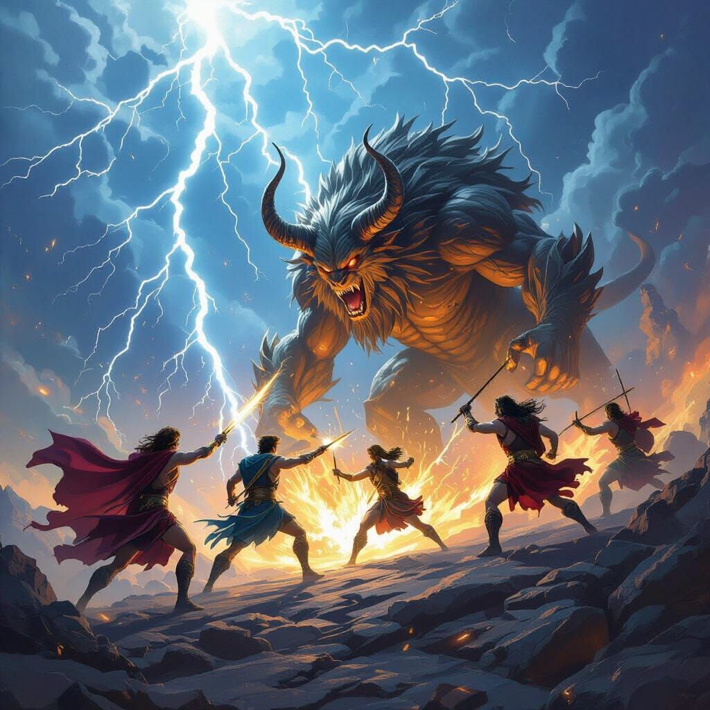 Heroes Battle Chimera on Mount Olympus in Dramatic Digital P...