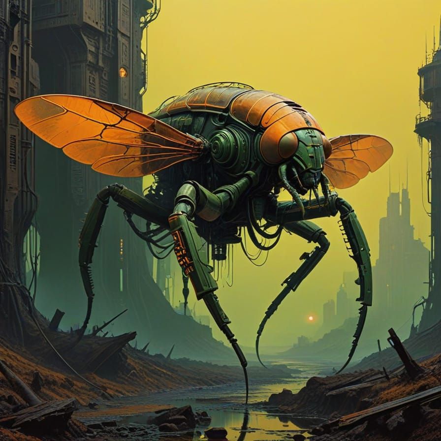 Biomechanical Cicada Golem Rises from the Ruins