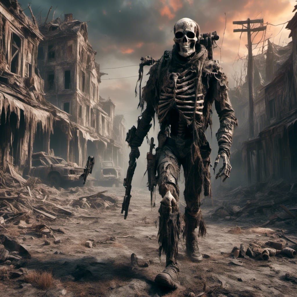 Epic Post-Apocalyptic Scene with a Skeleton Soldier in a 3D....