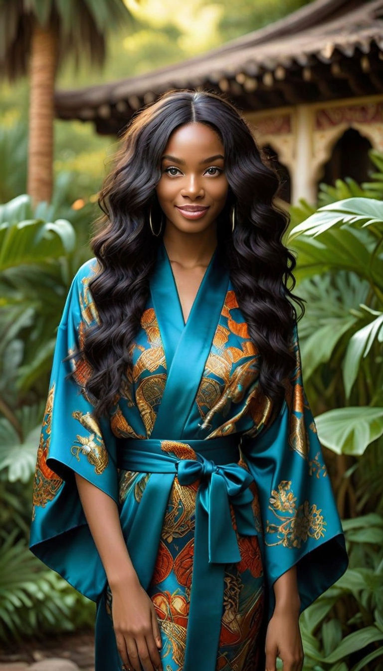 Stunning Nubian Woman in Elegant Azurite-Malachite Kimono