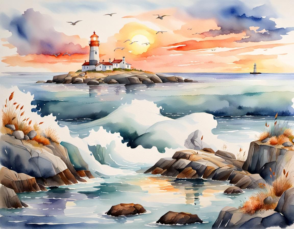 Sunset Seascape with Lighthouse and Wildlife