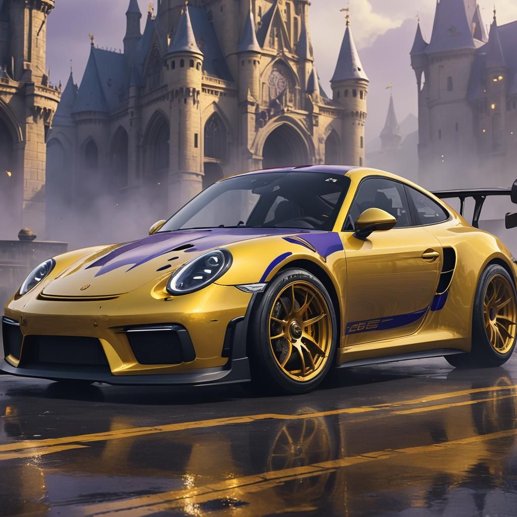 Vibrant Yellow Porsche Against Mystic Spires