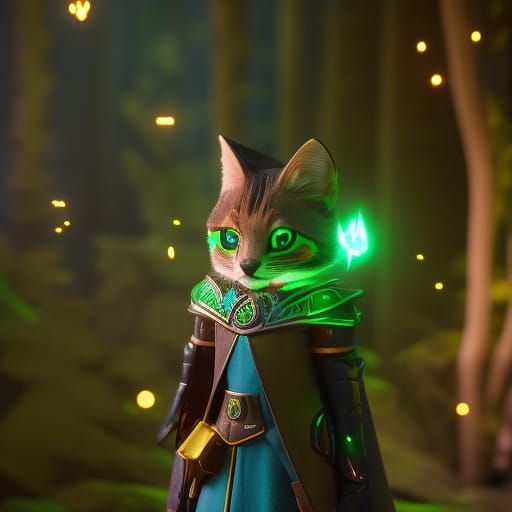 Mysterious Sorcerer Cat in Photorealistic Forest