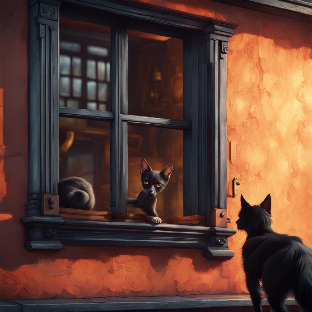 Black Cat vs Yappy Dog in Whimsical Window Scene