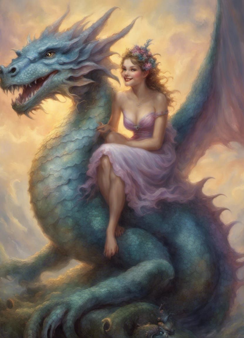 Friendly Fairy Rides Dragon in Whimsical Fantasy Scene