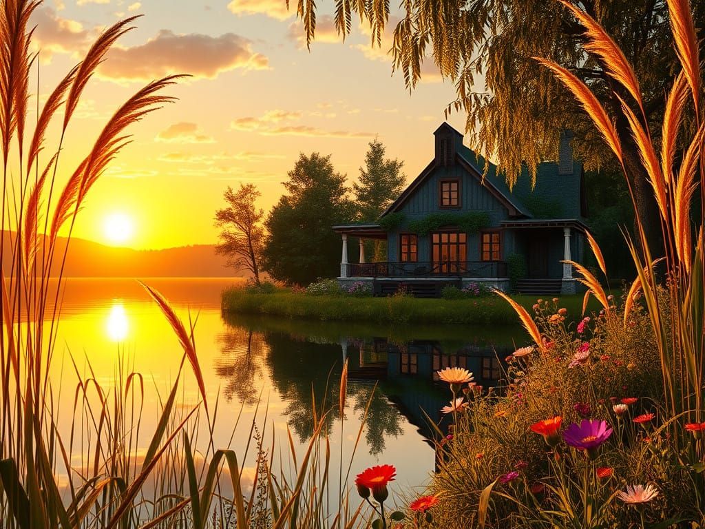 Serene Lakeside Retreat in Golden Twilight