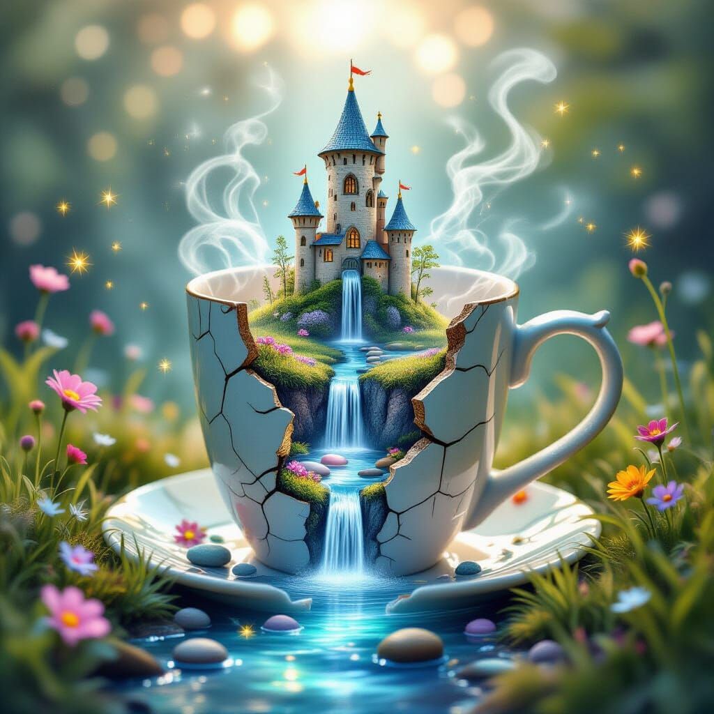 Enchanted Tower in Cracked Mug: Dreamy Double Exposure
