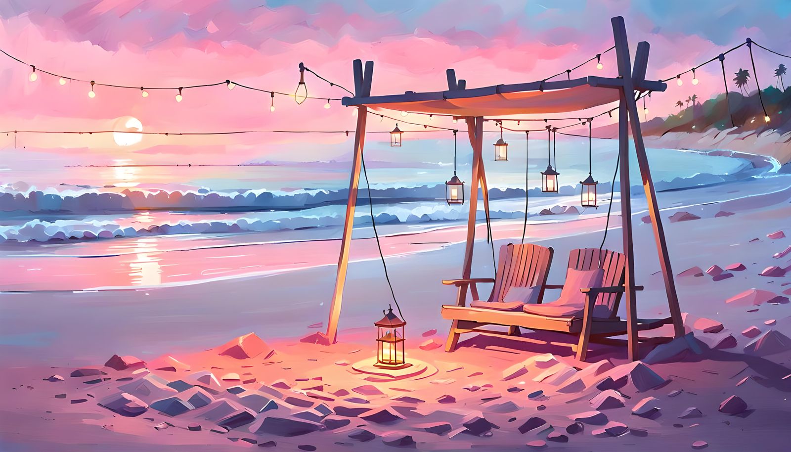 Cozy Beach Scene at Sunset, Inspired by Fantasy
