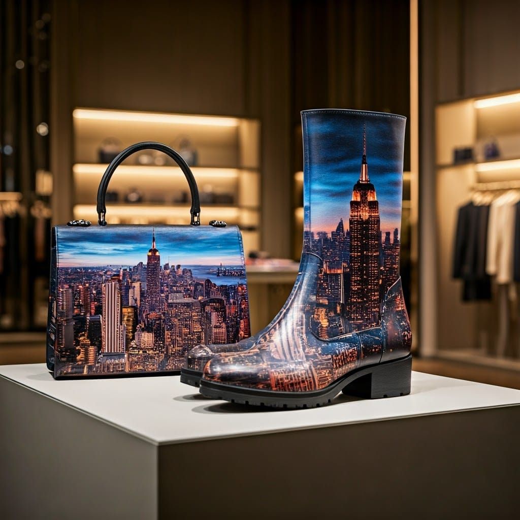 Luxurious Boots Display Futuristic NYC Skyline in Boutique S...