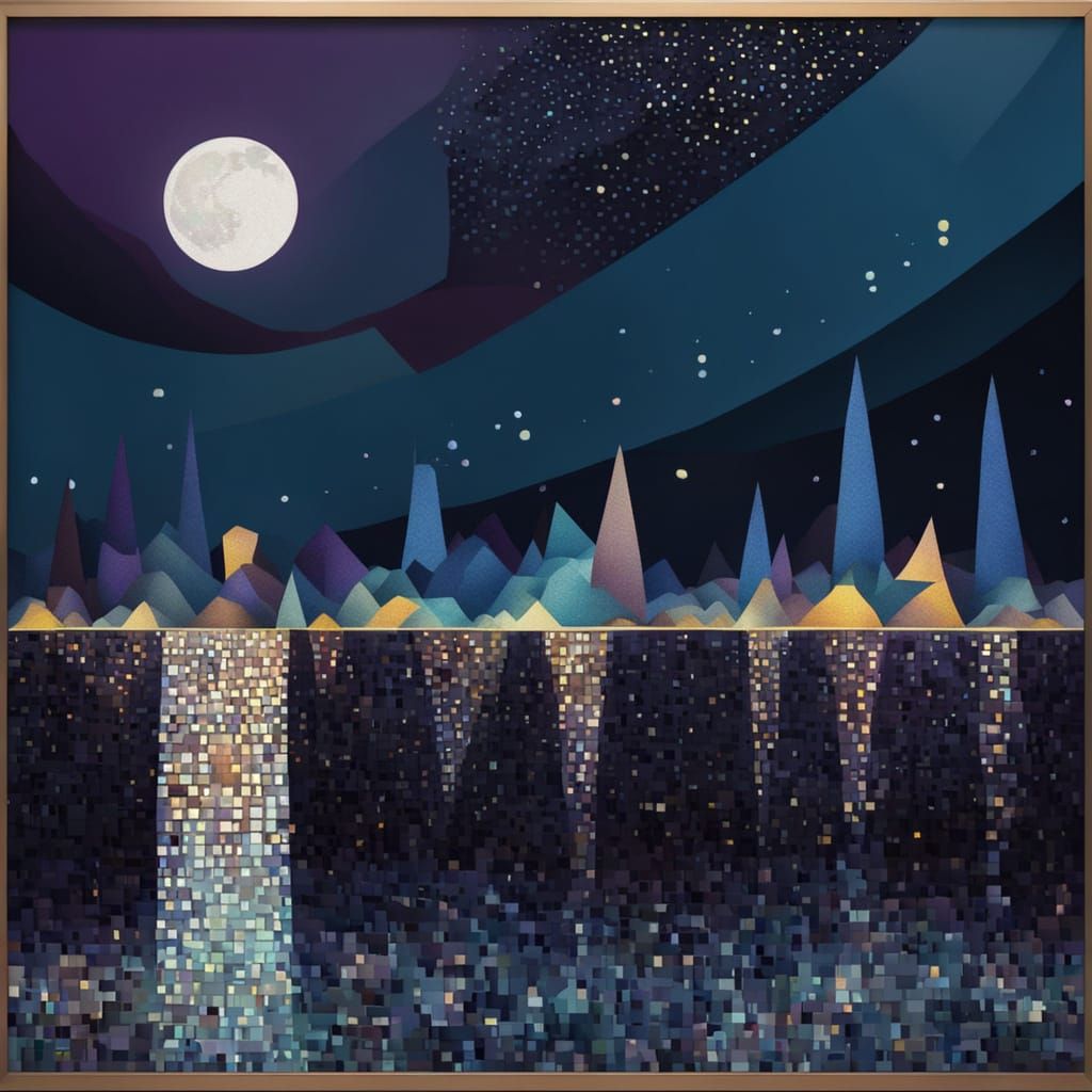 Moonlit Cubist Geometric Abstraction in Pointillist Style