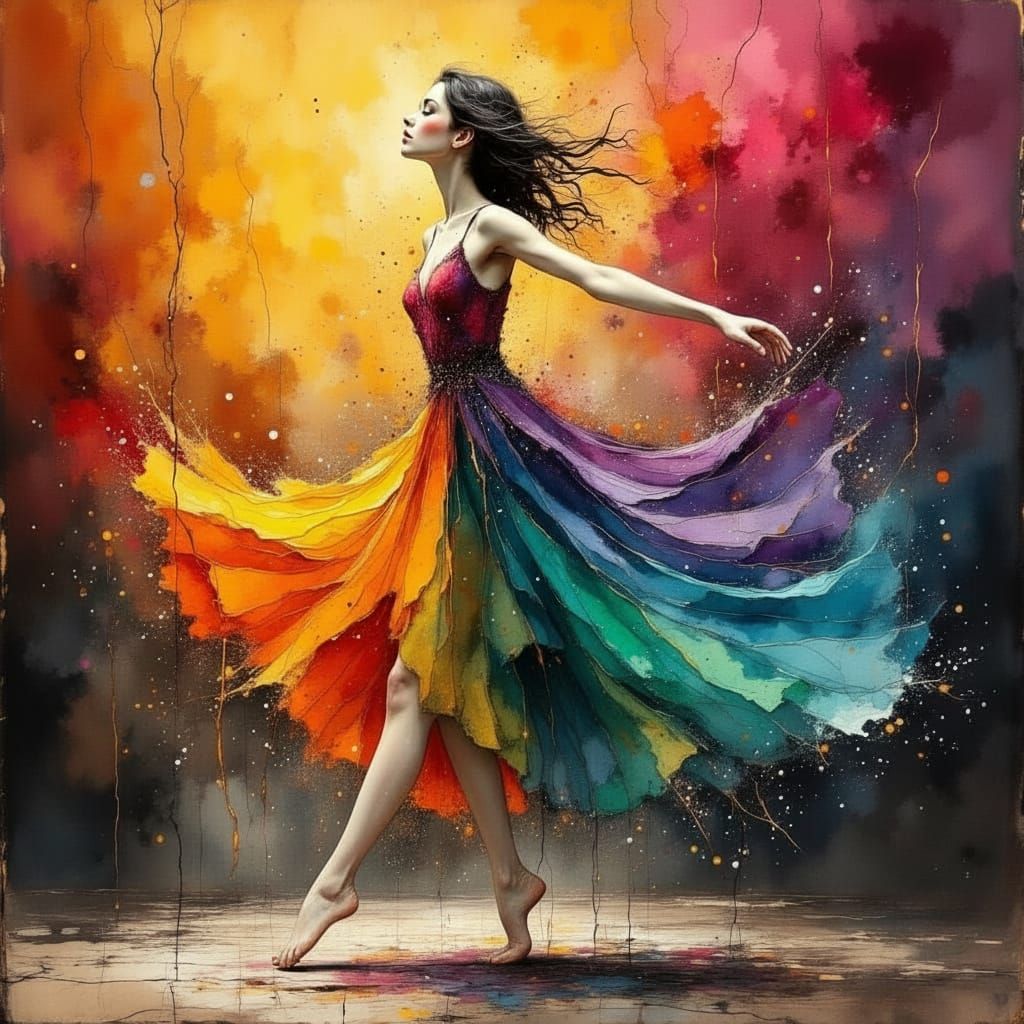 Dancer Embodied in Vibrant Silk on Woven Stage