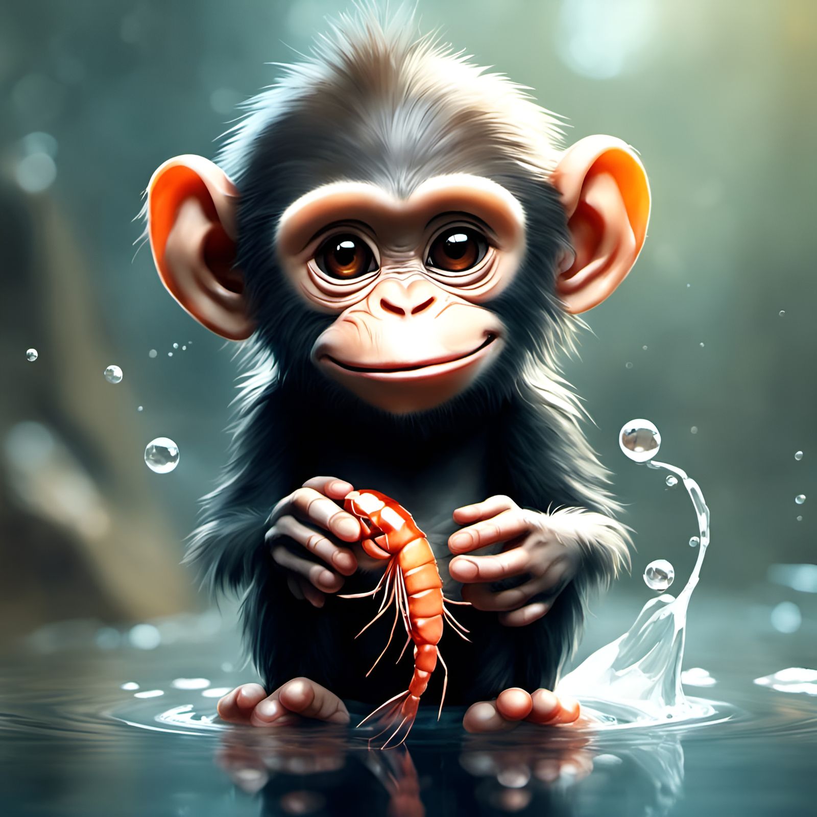 Adorable Chimp Holding Shrimp with Extreme Detail