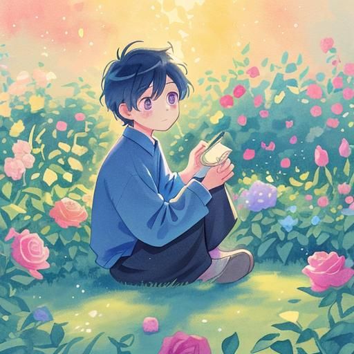 Visionary Young Man Enjoys Anime Garden Scene