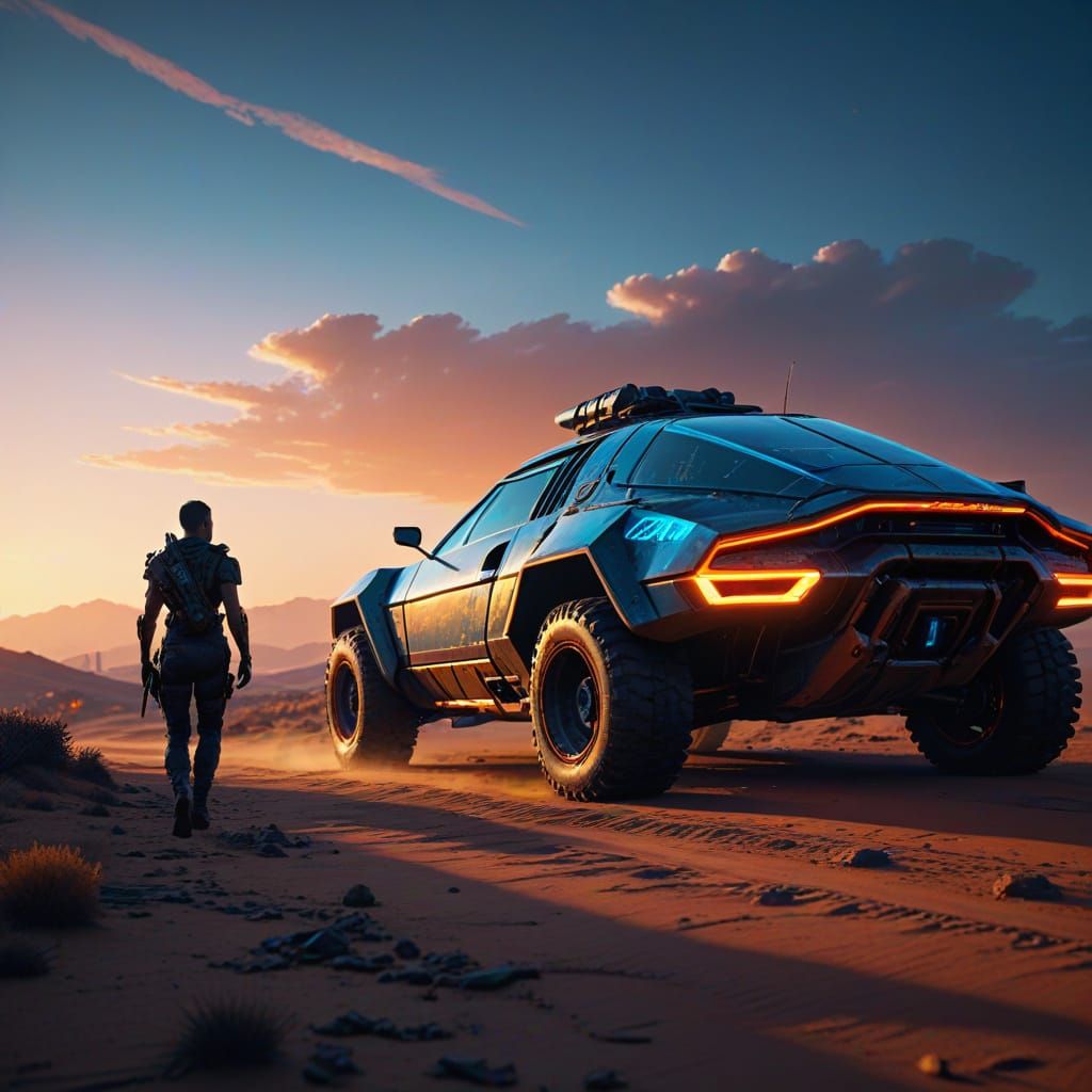 Cyberpunk 2099: Traveler in Neon Noir Desert