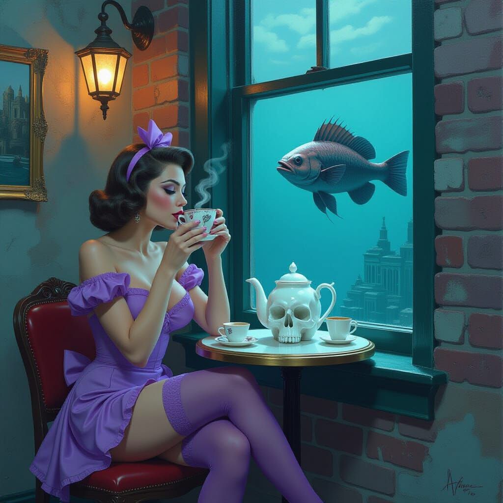 Diva Drinks Coffee from Eagleskull Pot in Surreal Cafe