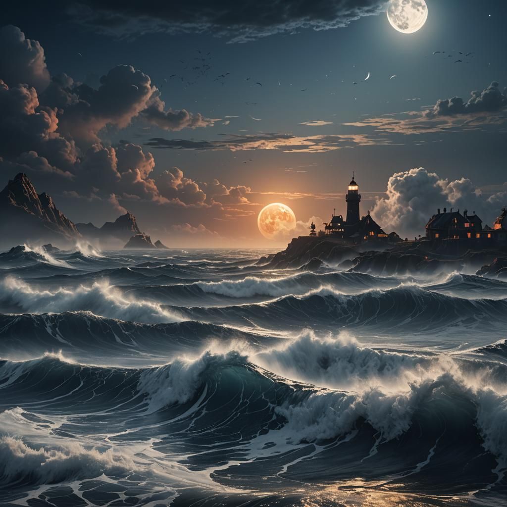 Stormy Seascape at Dusk in Cyberpunk Aesthetic