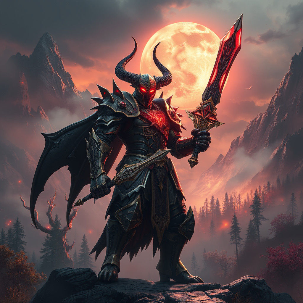 Fantastical Demon Slayer in Vibrant, Eerie Landscape Art