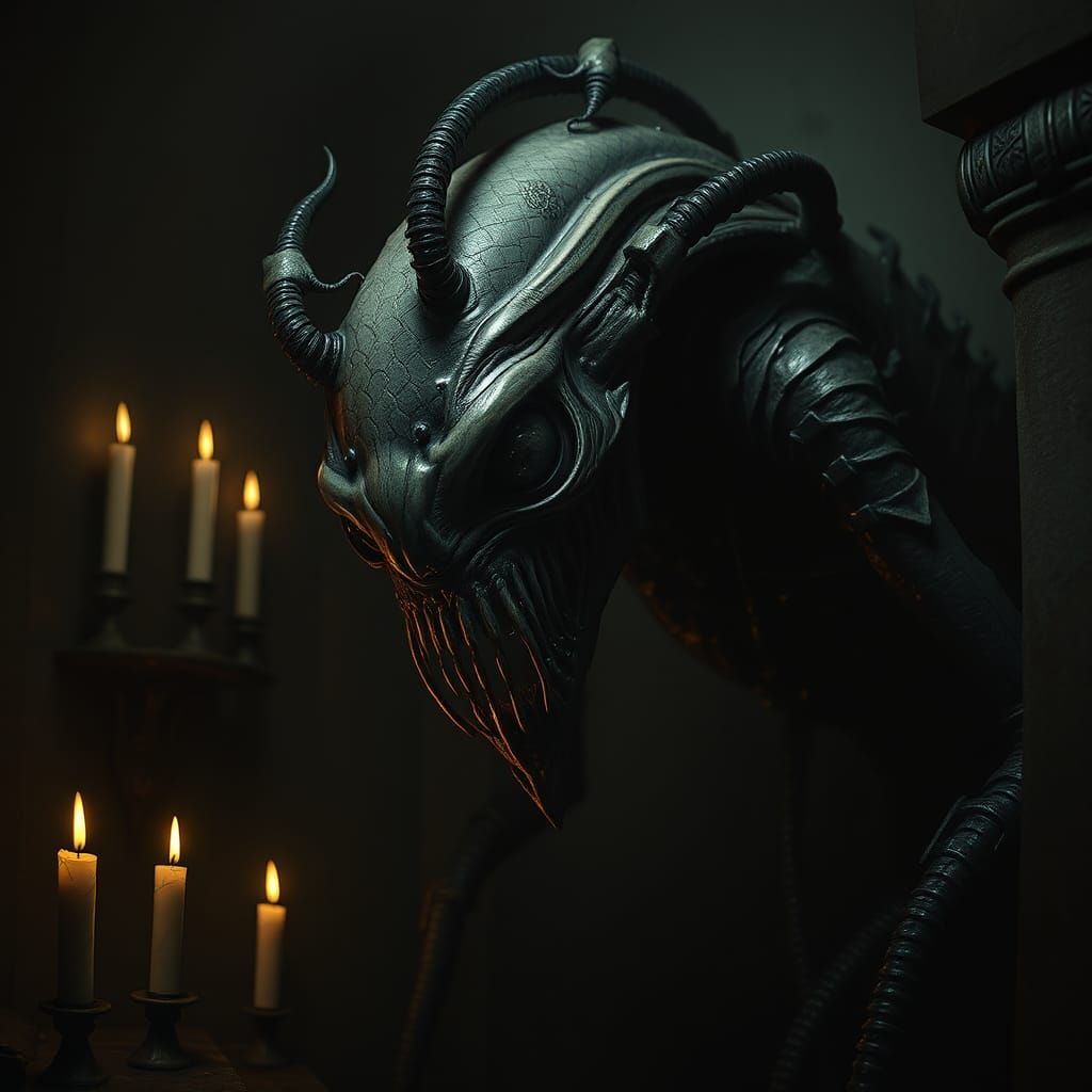 Biomechanical Horror Creature in Dimly Lit Chamber