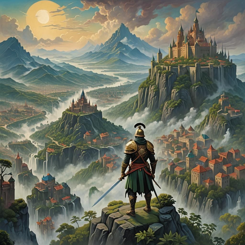 Regal Warrior in Fantasy Cityscape, in Vibrant Oil Painting....