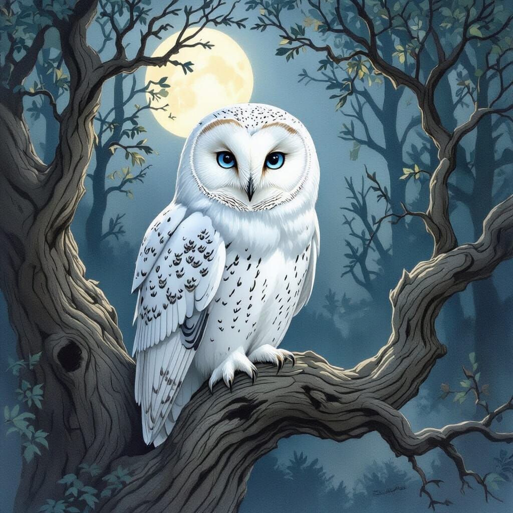Snowy Owl in Moonlit Forest: Watercolor Art