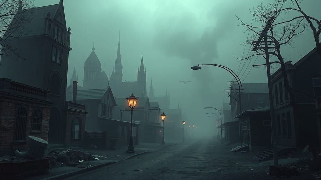 Fog-Shrouded Gothic Abandoned Town in Dark, Surreal Style