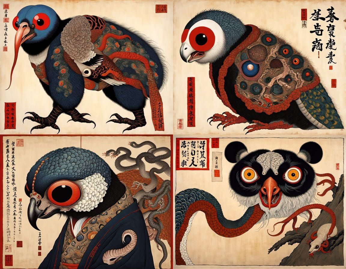 Surreal Ukiyo-e Mythical Creatures in Egon Schiele Style