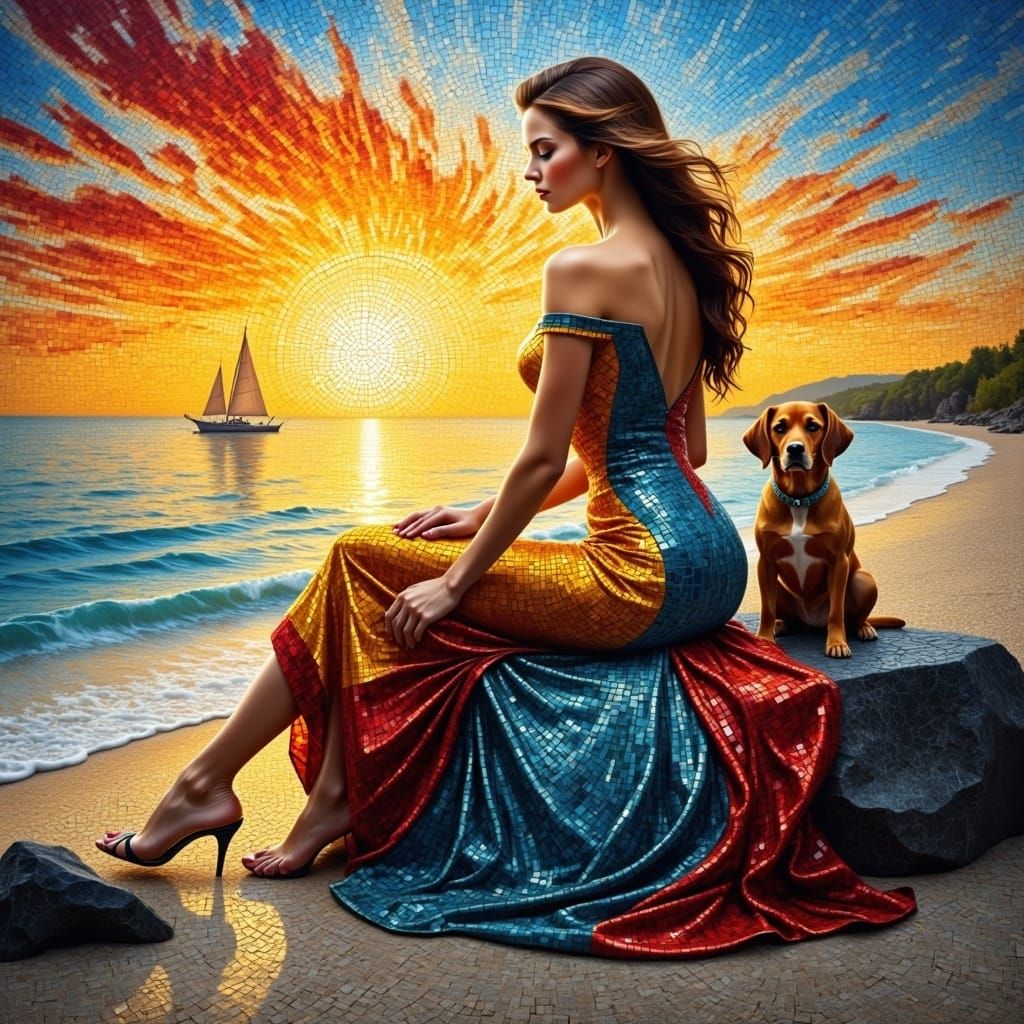 Woman and Dog on Beach at Sunset in Mosaic Style