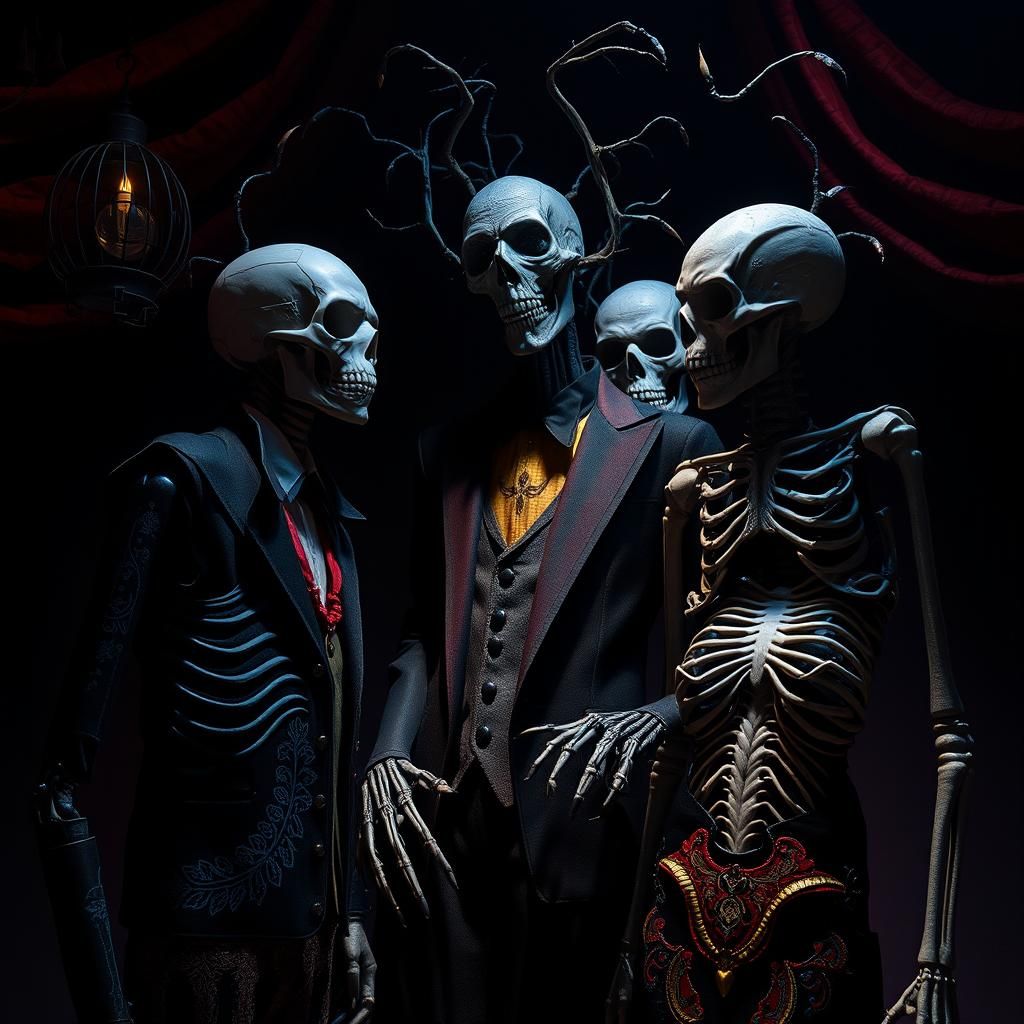 A new way to look at photo realistic Halloween maf men  mixed in a horror movie style mashup tim burton style dramatic l...