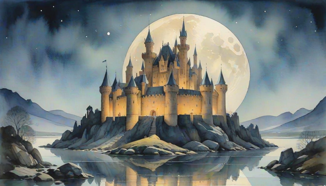 Majestic Island Castle Under Full Moon in Watercolor