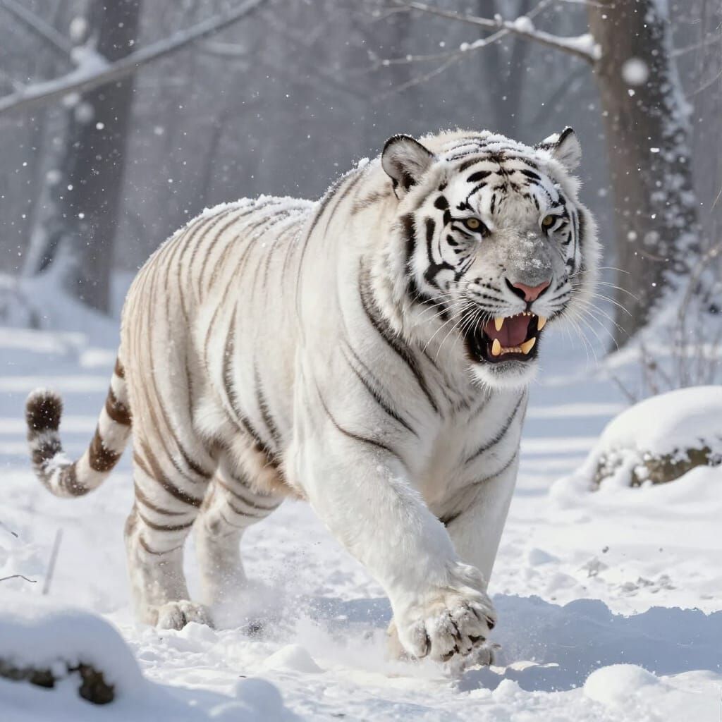 White Tiger Charges Through Snowy Forest in Hyperrealistic S...