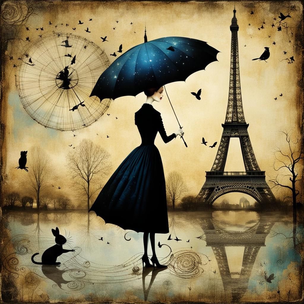 Surreal Paris at Night in Mixed Surrealist Styles