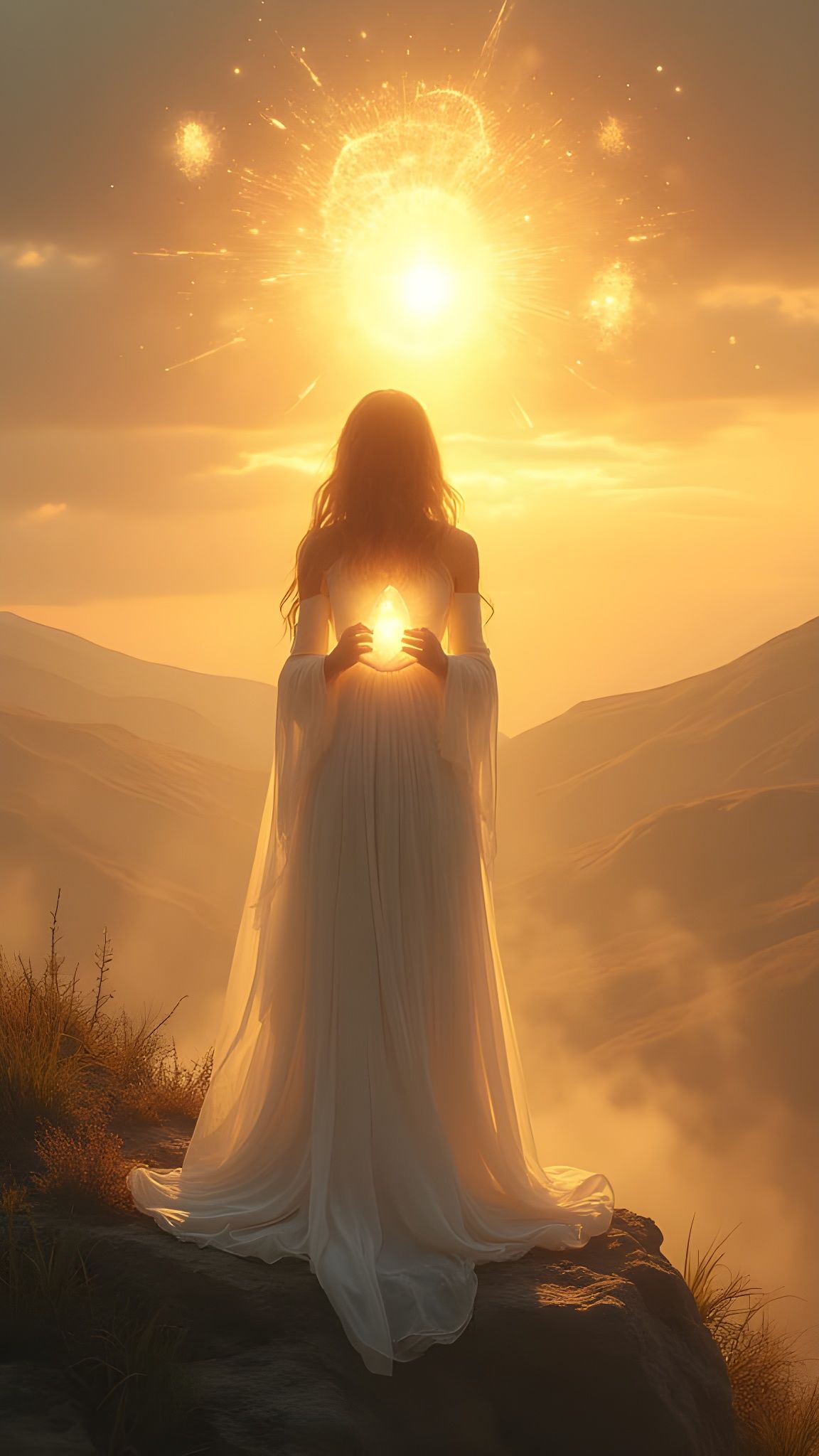 Mystical Woman on Hilltop at Dawn with Glowing Runes