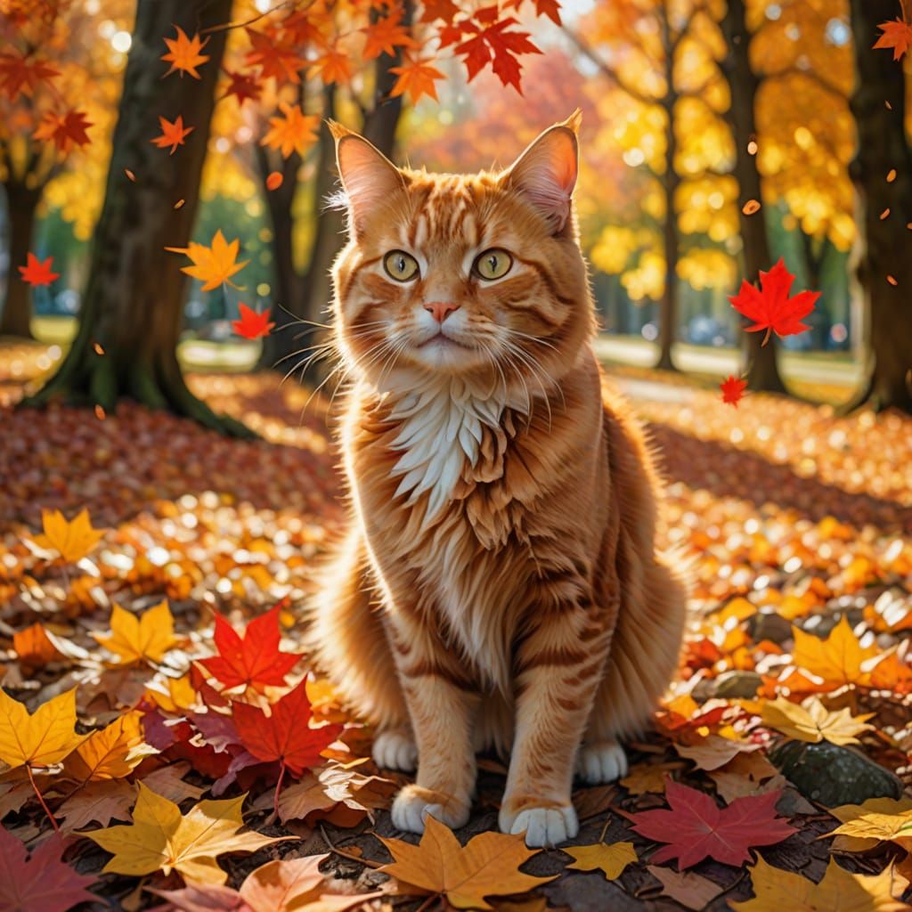 Cute Cat Playing in Autumn Leaves Forest