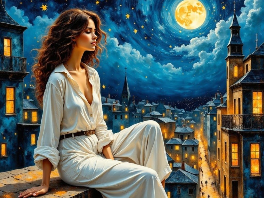 Woman in Whimsical Linen Attire Under Starry Night Sky