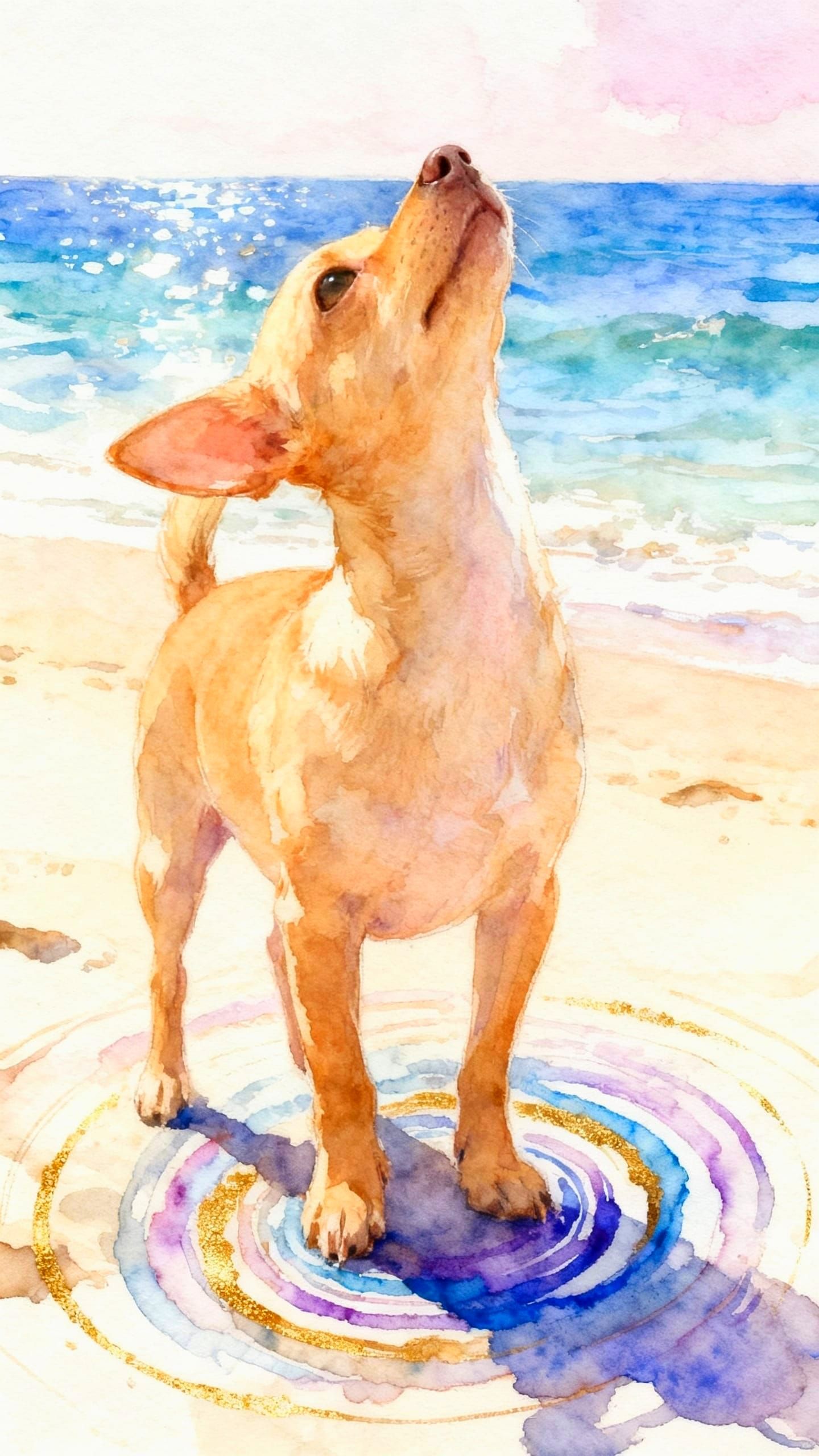 Blonde Chihuahua on Beach in Alcohol Ink Style