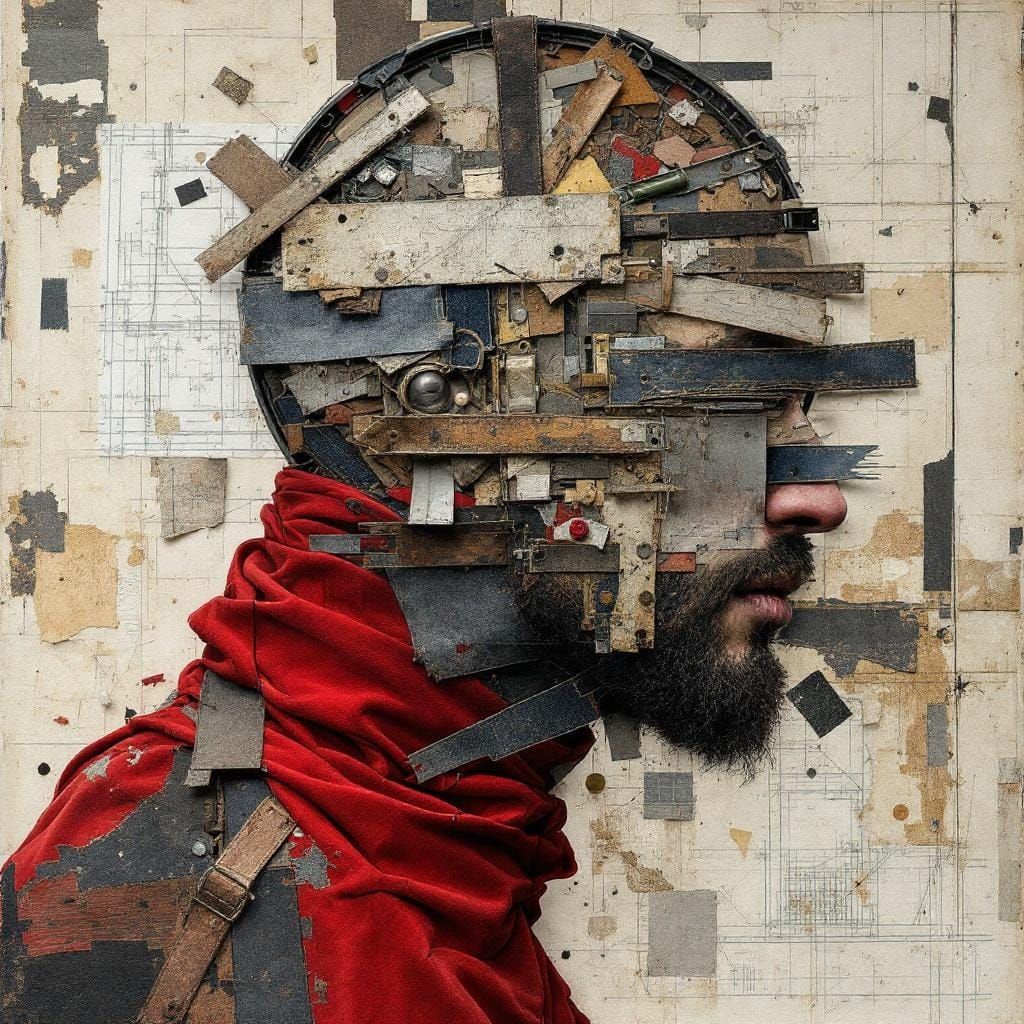Masculine Silence: Mixed Media Assemblage Portrait