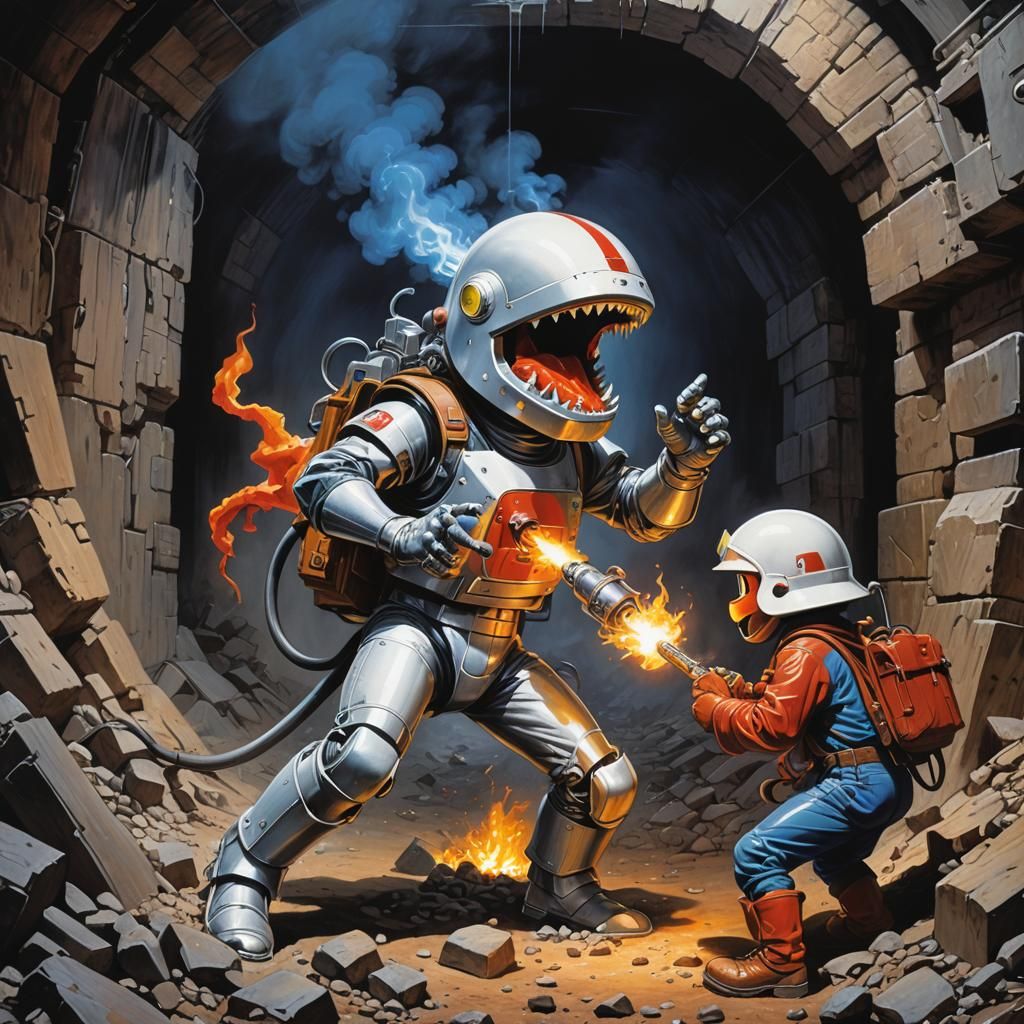 Cyberpunk Warrior Dig Dug Battles a Fire-Breathing Dragon in...