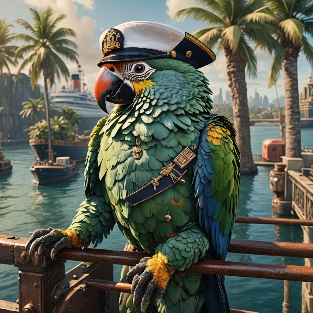 Parrot in Naval Captain Regalia on Palm Island Bridge